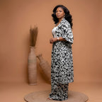 Luxury Black & White Floral Kimono & Wide-Leg Trouser Set
