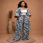 Luxury Black & White Floral Kimono & Wide-Leg Trouser Set