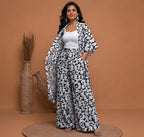 Luxury Black & White Printed Kimono & Wide-Leg Trouser Set