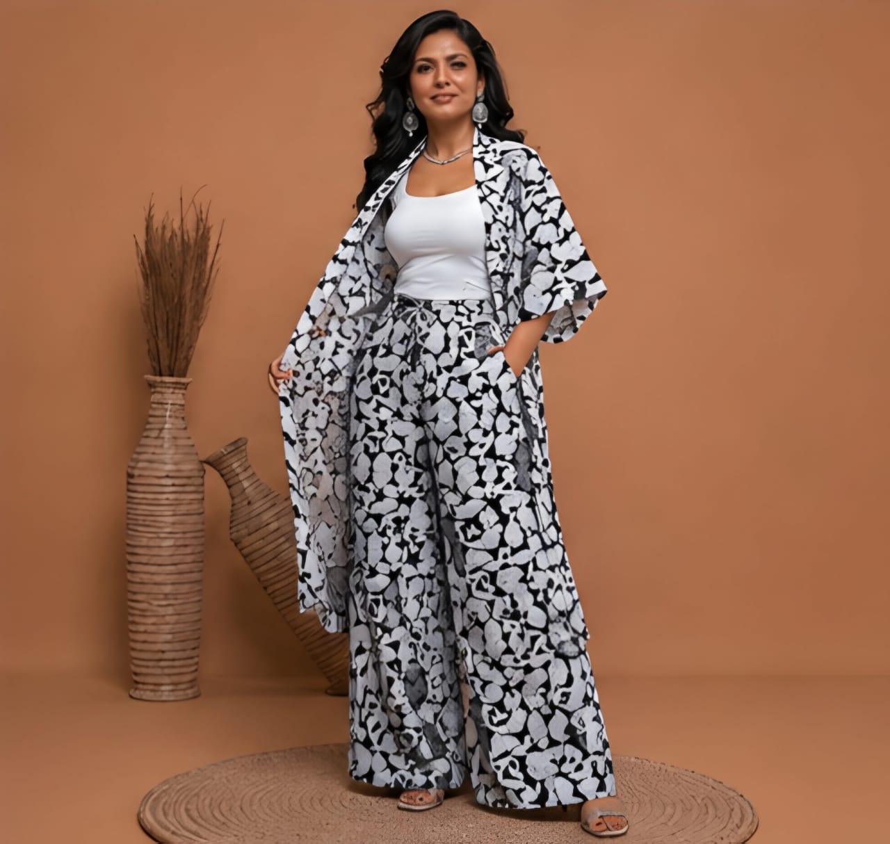 Luxury Black & White Printed Kimono & Wide-Leg Trouser Set