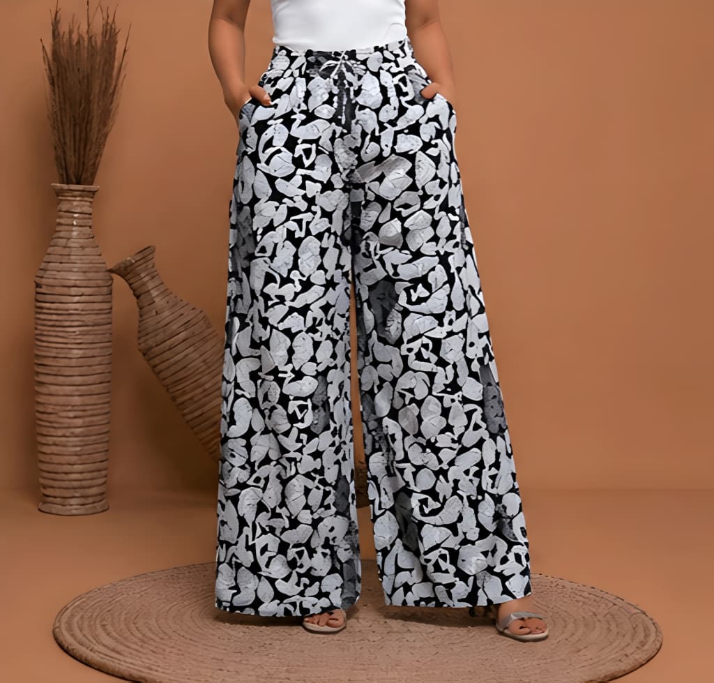 Luxury Black & White Printed Kimono & Wide-Leg Trouser Set