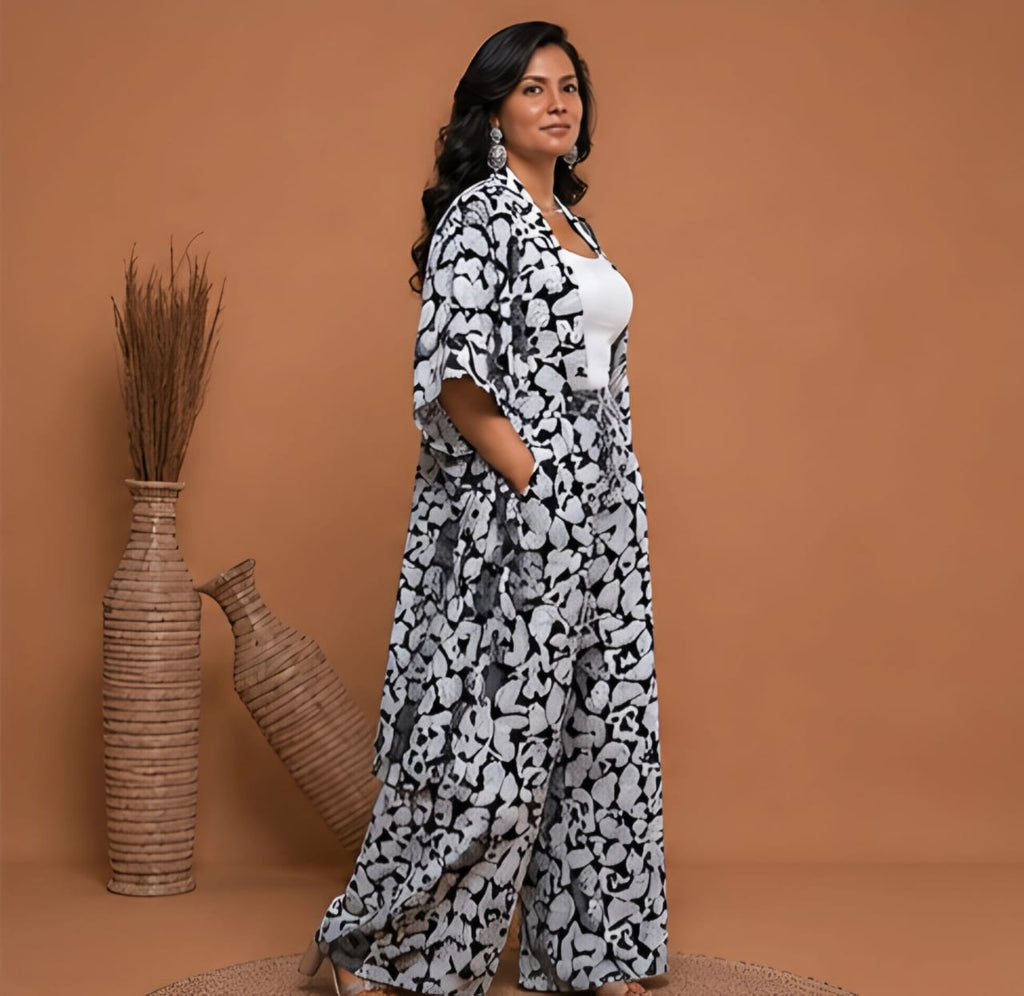 Luxury Black & White Printed Kimono & Wide-Leg Trouser Set