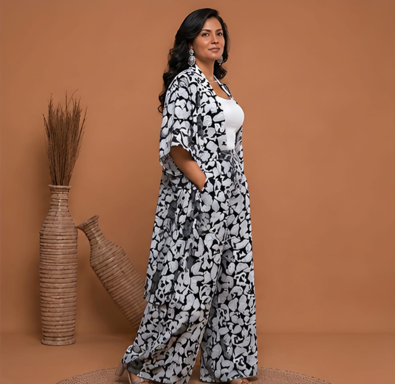 Luxury Black & White Printed Kimono & Wide-Leg Trouser Set