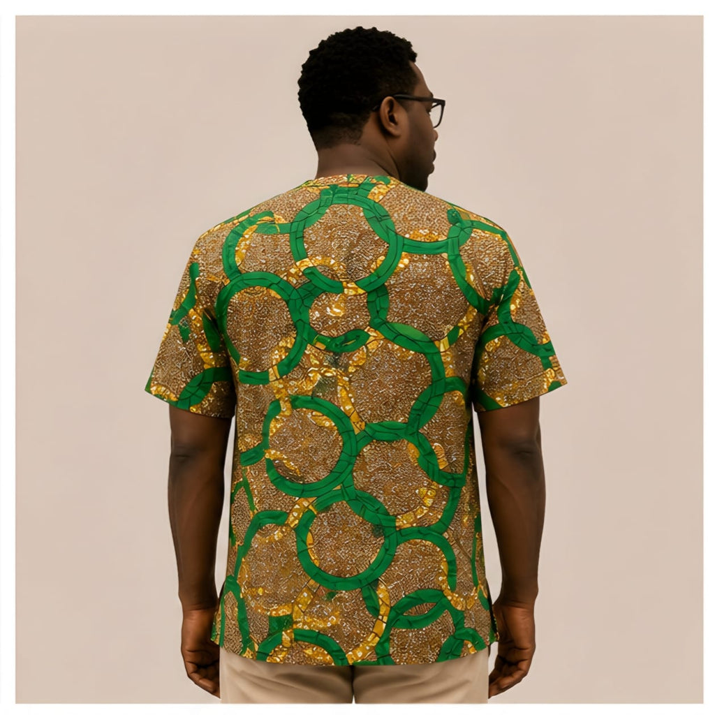 Men's Ankara Interlocking Ring Short-Sleeve Mandarin Collar Shirt