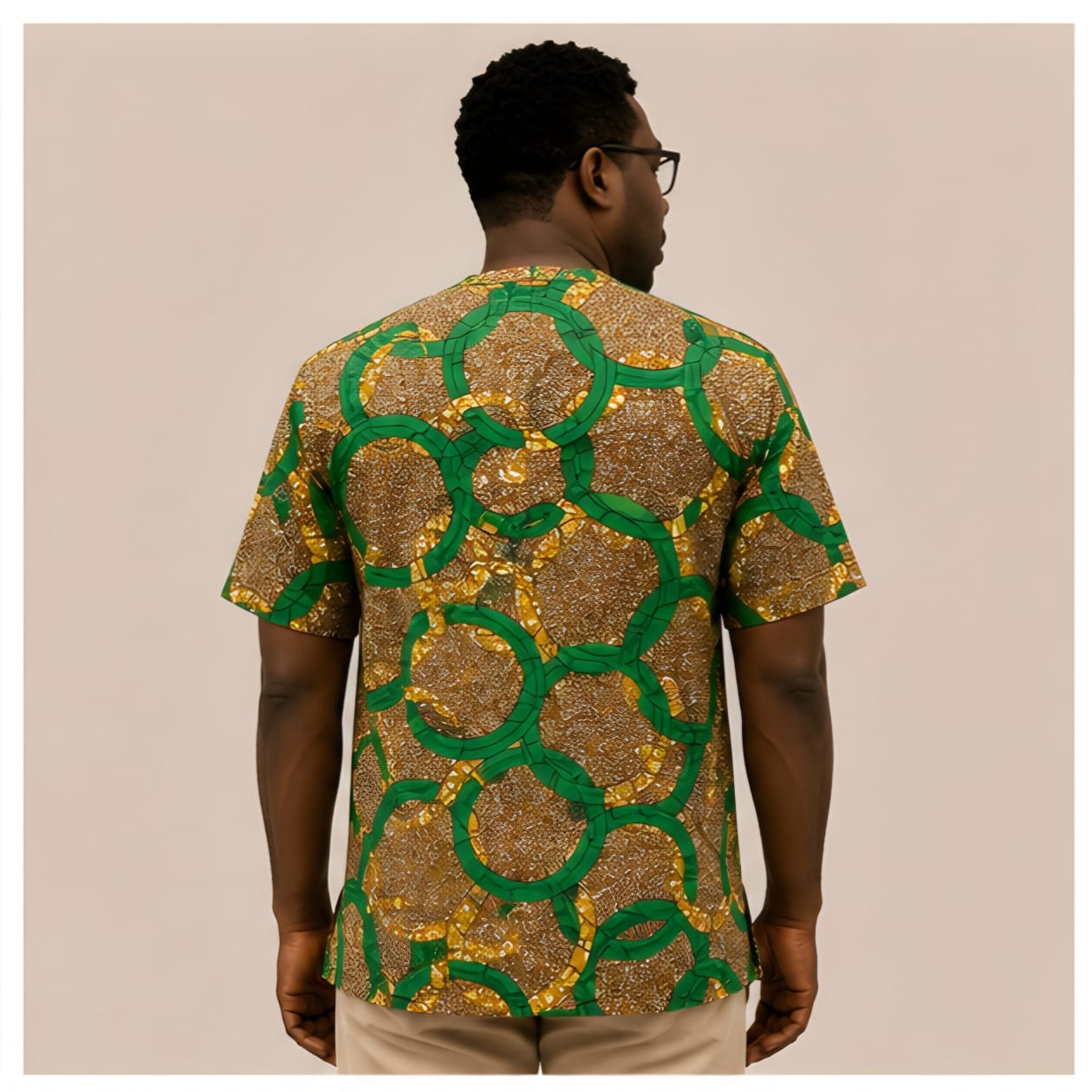 Men's Ankara Interlocking Ring Short-Sleeve Mandarin Collar Shirt