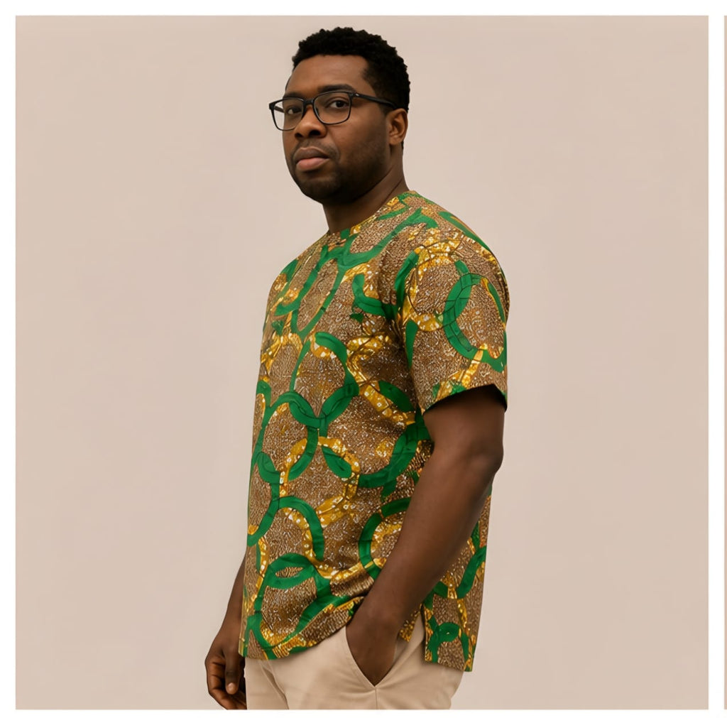 Men's Ankara Interlocking Ring Short-Sleeve Mandarin Collar Shirt