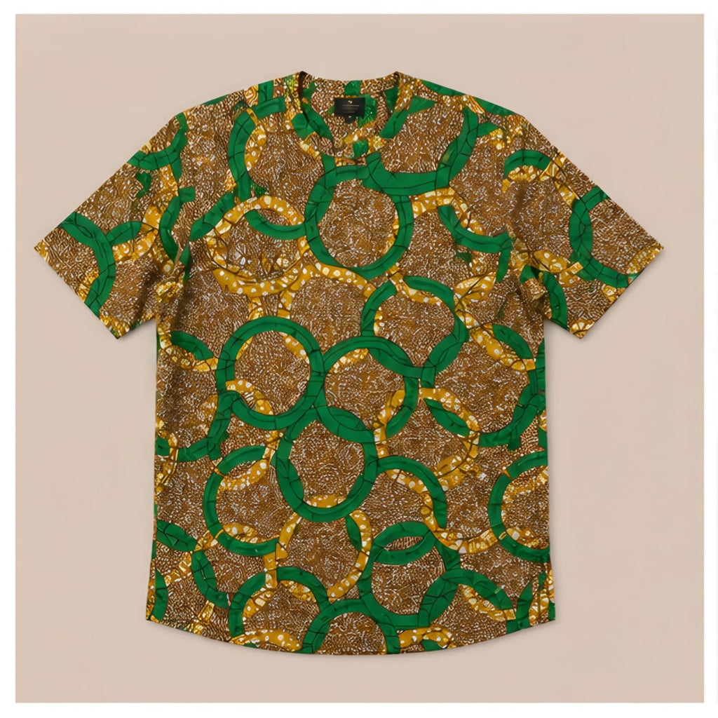 Men's Ankara Interlocking Ring Short-Sleeve Mandarin Collar Shirt