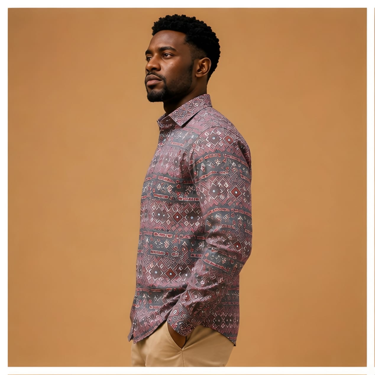 Men's Mauve Geometric Luxe Tribal Print Long-Sleeve Shirt