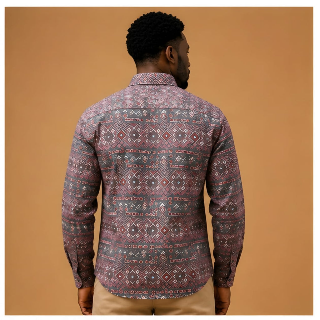 Men's Mauve Geometric Luxe Tribal Print Long-Sleeve Shirt