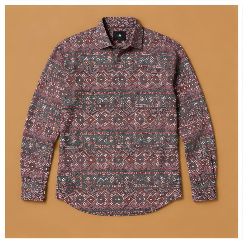 Men's Mauve Geometric Luxe Tribal Print Long-Sleeve Shirt