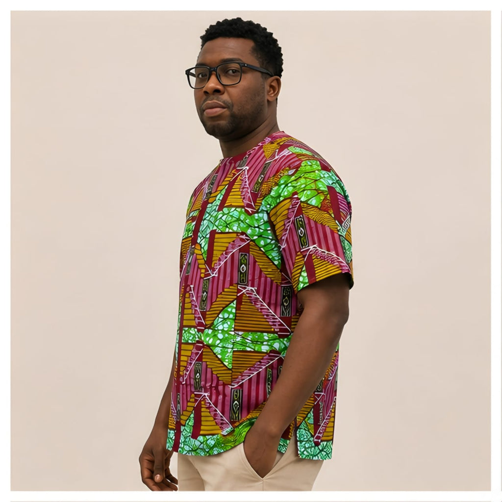 Men's Luxury Geometric Step Ankara Short-Sleeve Tunic