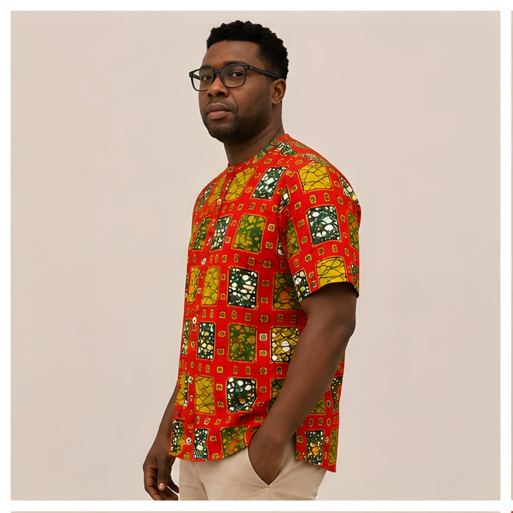 Men's Orange Ankara Mosaic Mandarin Collar Shirt