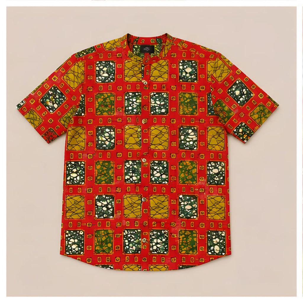 Men's Orange Ankara Mosaic Mandarin Collar Shirt