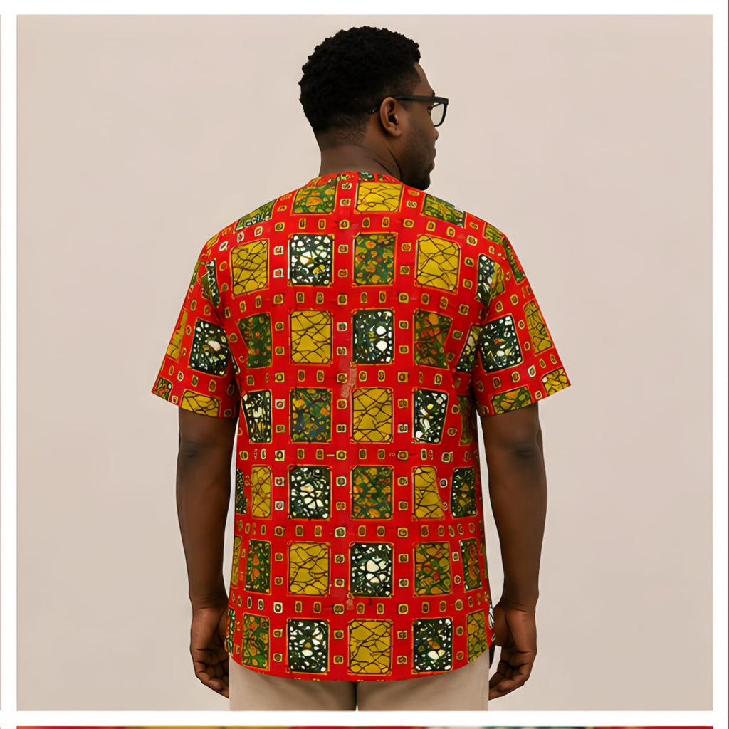 Men's Orange Ankara Mosaic Mandarin Collar Shirt