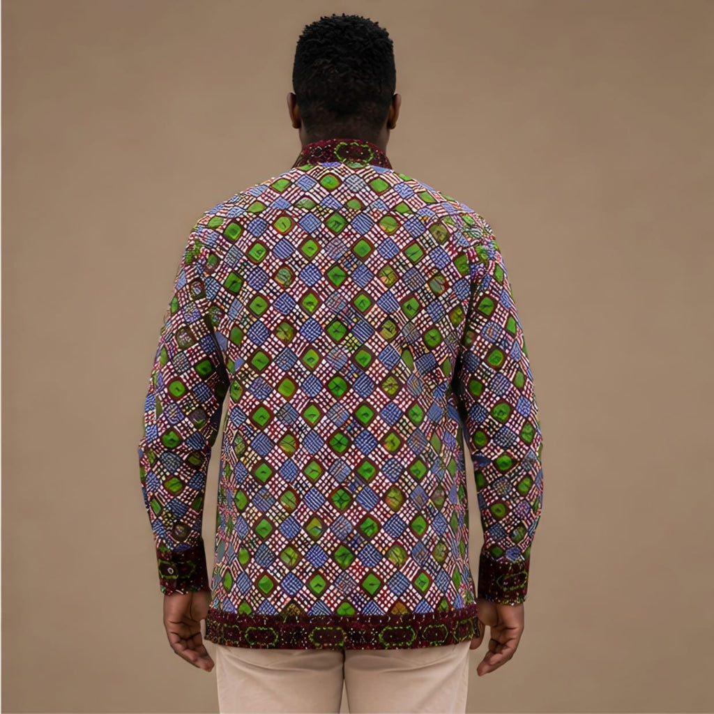 Men's Panel Print Ankara Long-Sleeve Button-Down Shirt