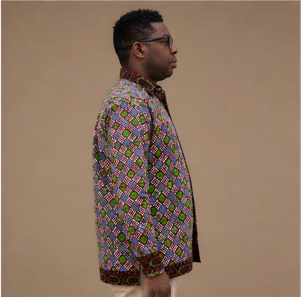 Men's Panel Print Ankara Long-Sleeve Button-Down Shirt