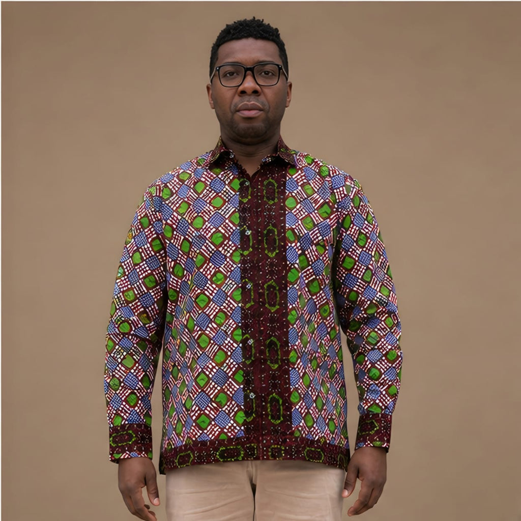 Men's Panel Print Ankara Long-Sleeve Button-Down Shirt