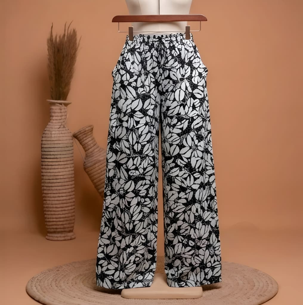 Luxury Black & White Floral Kimono & Wide-Leg Trouser Set