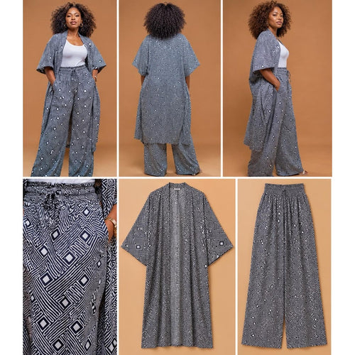 Black & White Geometric Print Kimono & Trouser Set