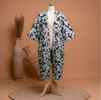 Luxury Black & White Floral Kimono & Wide-Leg Trouser Set