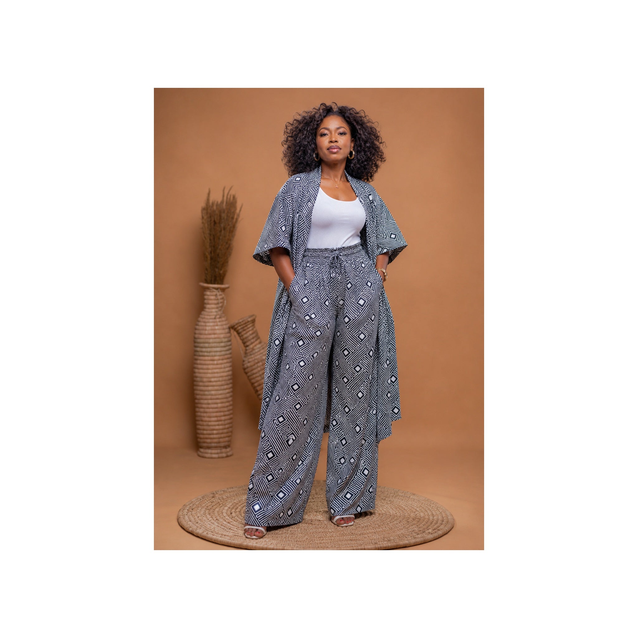 Black & White Geometric Print Kimono & Trouser Set